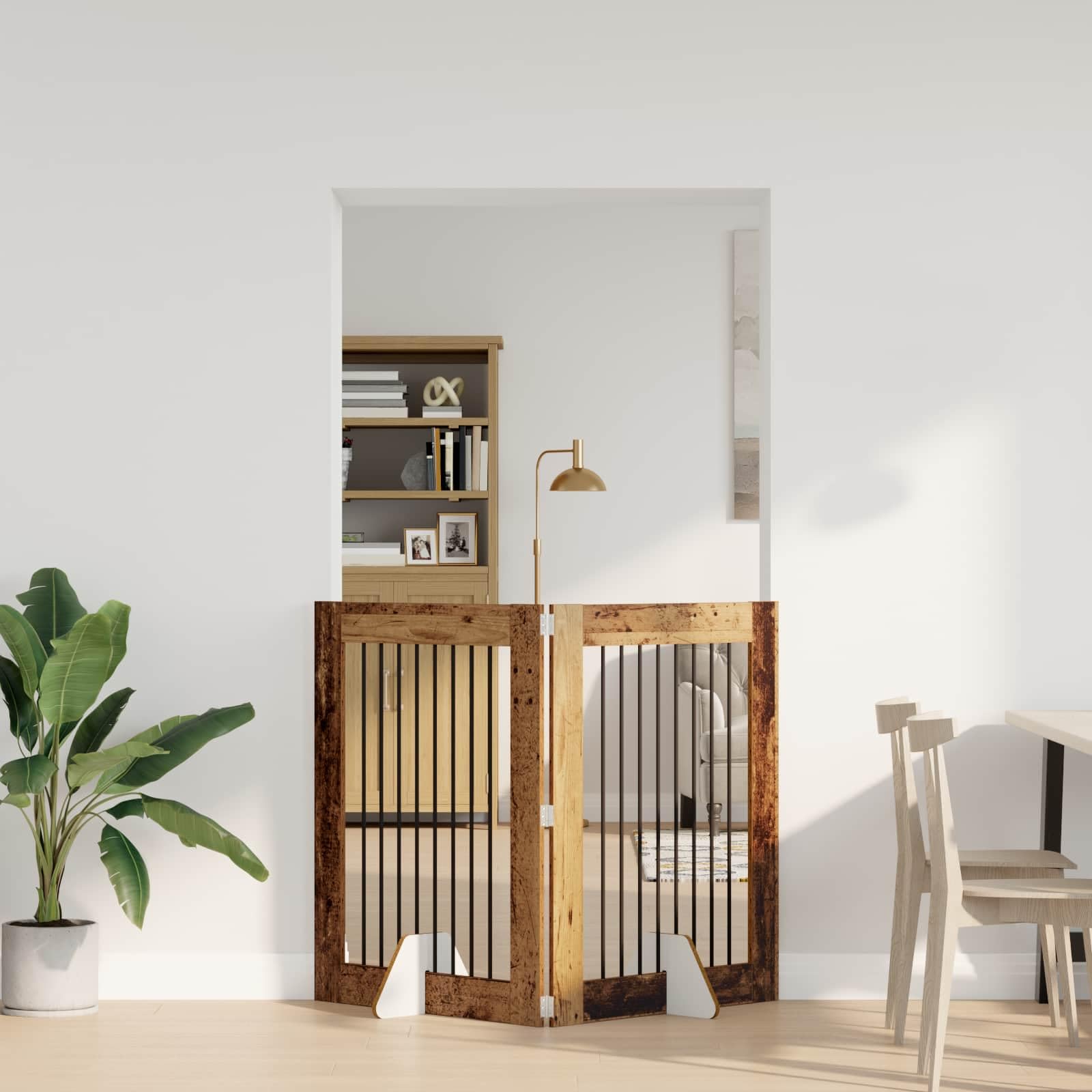 Perrera plegable para perros con soporte de madera reciclada de 160,5 cm, flexible, ahorra espacio, portátil para interiores y exteriores, rejilla de metal resistente, seguro para la cría de