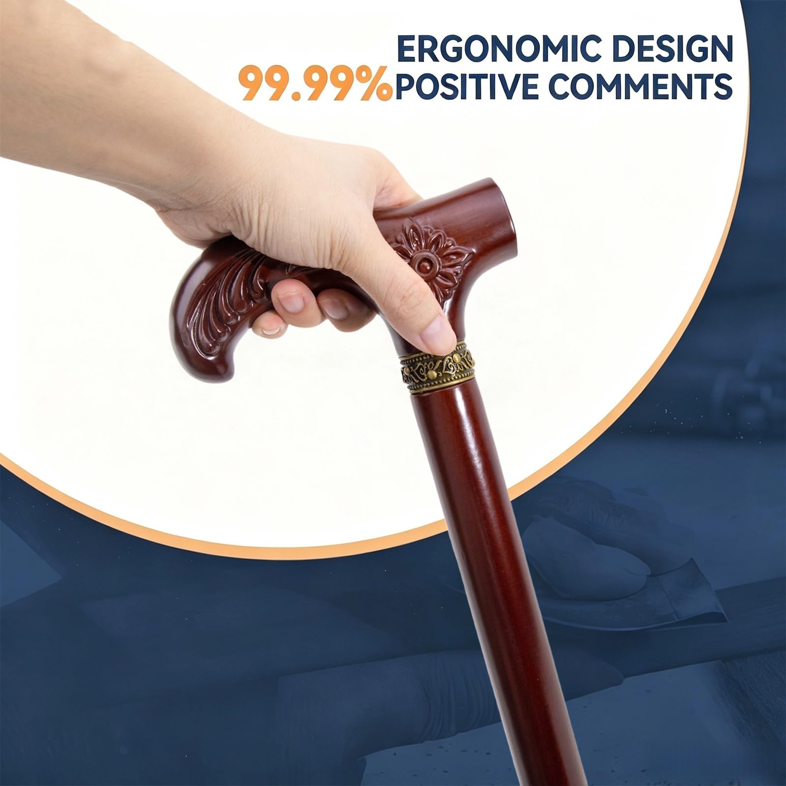 Bastón de Madera, Motivo Floral Tallado a Mano, Unisex, Alta Capacidad de Carga, Mango Ergonómico Confortable, Diseño Elegante