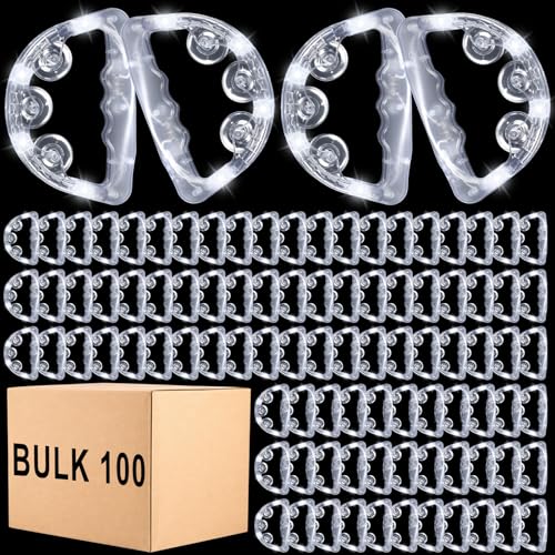 Yunsailing 100 Pack LED Light up Tambourines with Flashing Lights Tambourine Toys for Adults, Glow in The Dark Semicircle Handheld Percussion Musical Instrument for Dance Props (White Lights)