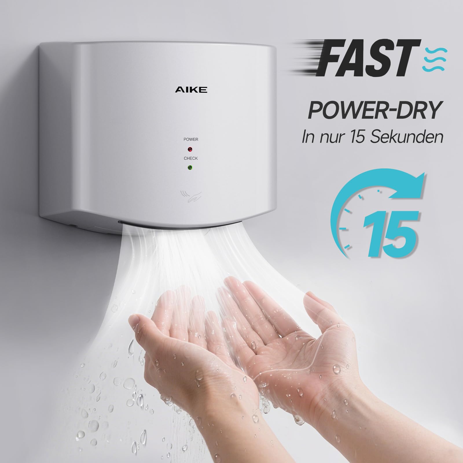 AIKE Air Wiper Kompakt Händetrockner, Hochgeschwindigkeit, 1400W 220V, Stecken & Loslegen, Papierlos & Berührungslos für Öffentliche Toiletten, AK2630S