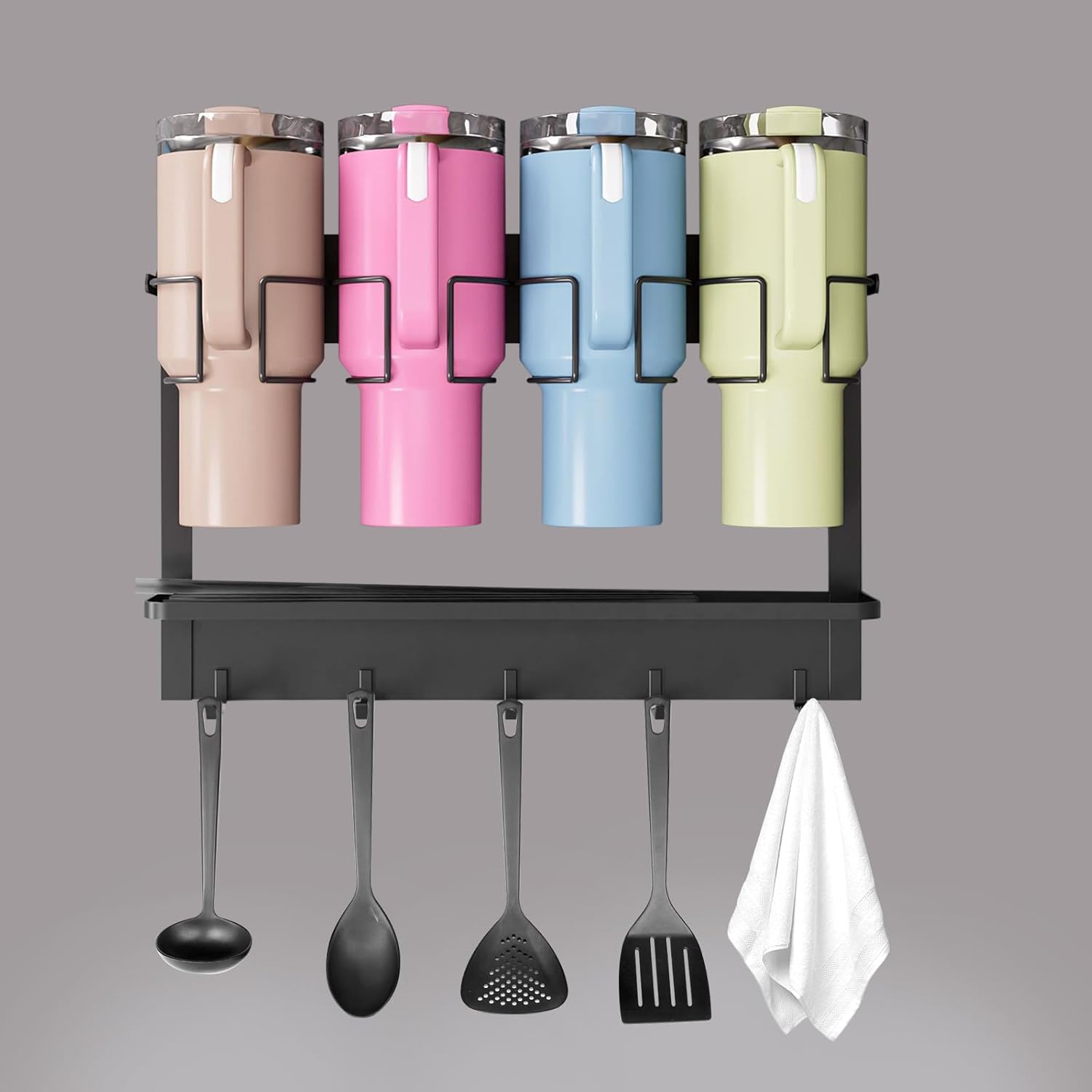 2-In-1 Magnetic Water Bottle Organizer For Stanley 30&40 Oz Fridge Tumbler Organizer With 5 Hooks Adhesive Strips Cup Holder For Kitchen Cabinet (Black, 4 Slots)