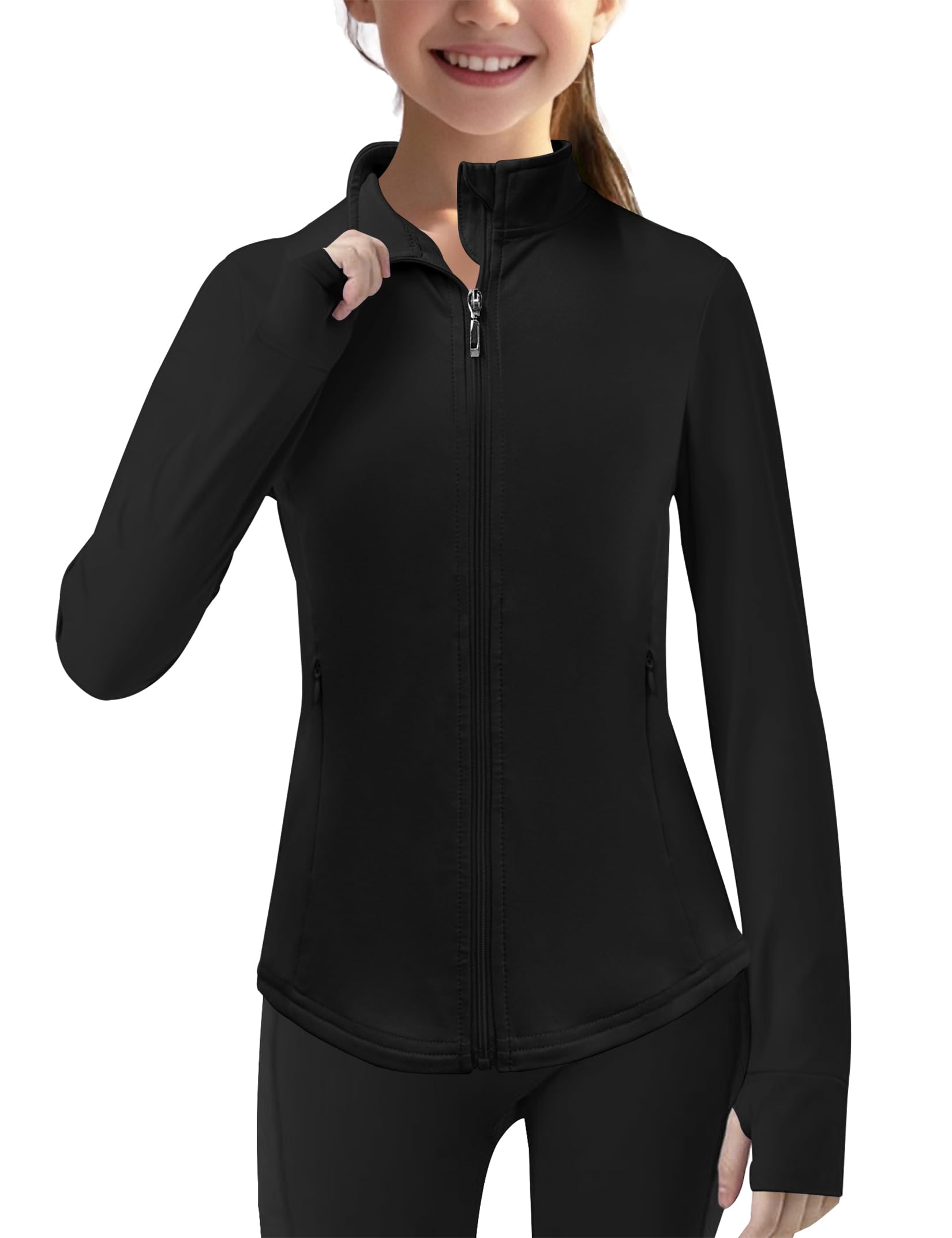 Leichtes Sonnenshirt für Mädchen, durchgehender Reißverschluss, langärmelig, Sonnenschutz, athletische Jacken mit Taschen und Daumenlöchern