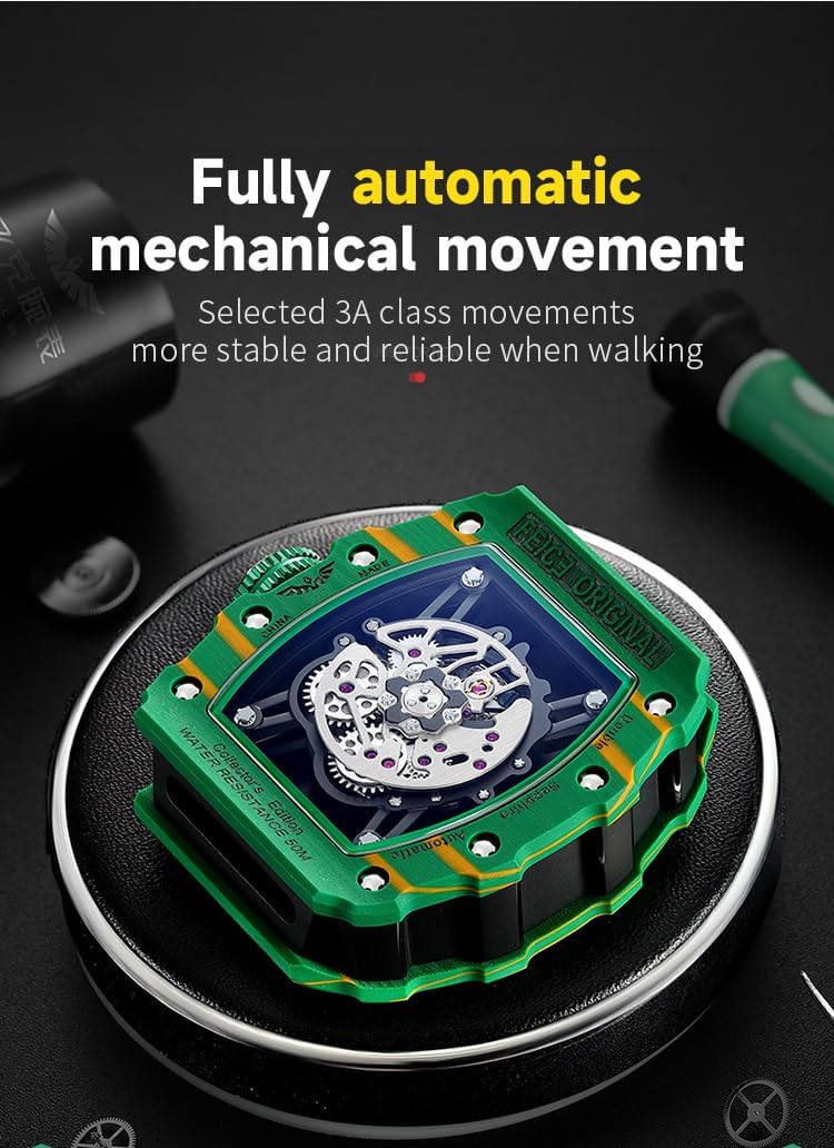FEICE Men's Vintage Automatic Mechanical Watch | Skeleton Waterproof Watch | Silicone Strap | Sport Luminous Analog | Unique Business Wristwatch for Men | Green FM603 - 4