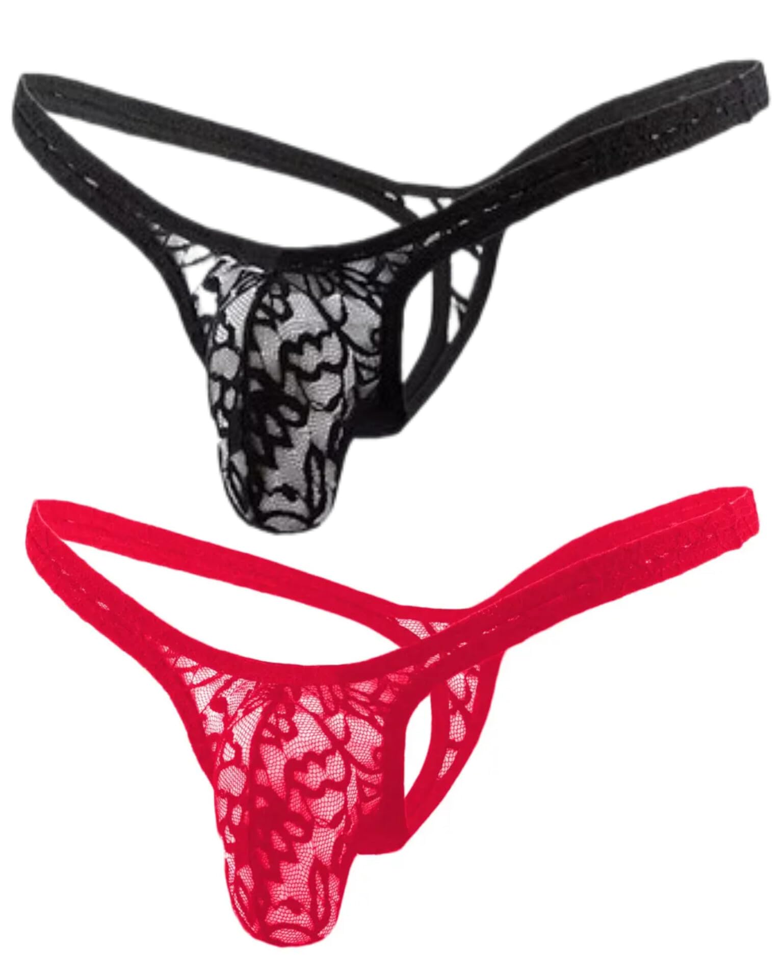 Men's Lace G-String Thong Underwear Trunk Brief, Sheer Pouch, Pack of 2, White and Red or Black-picture-45