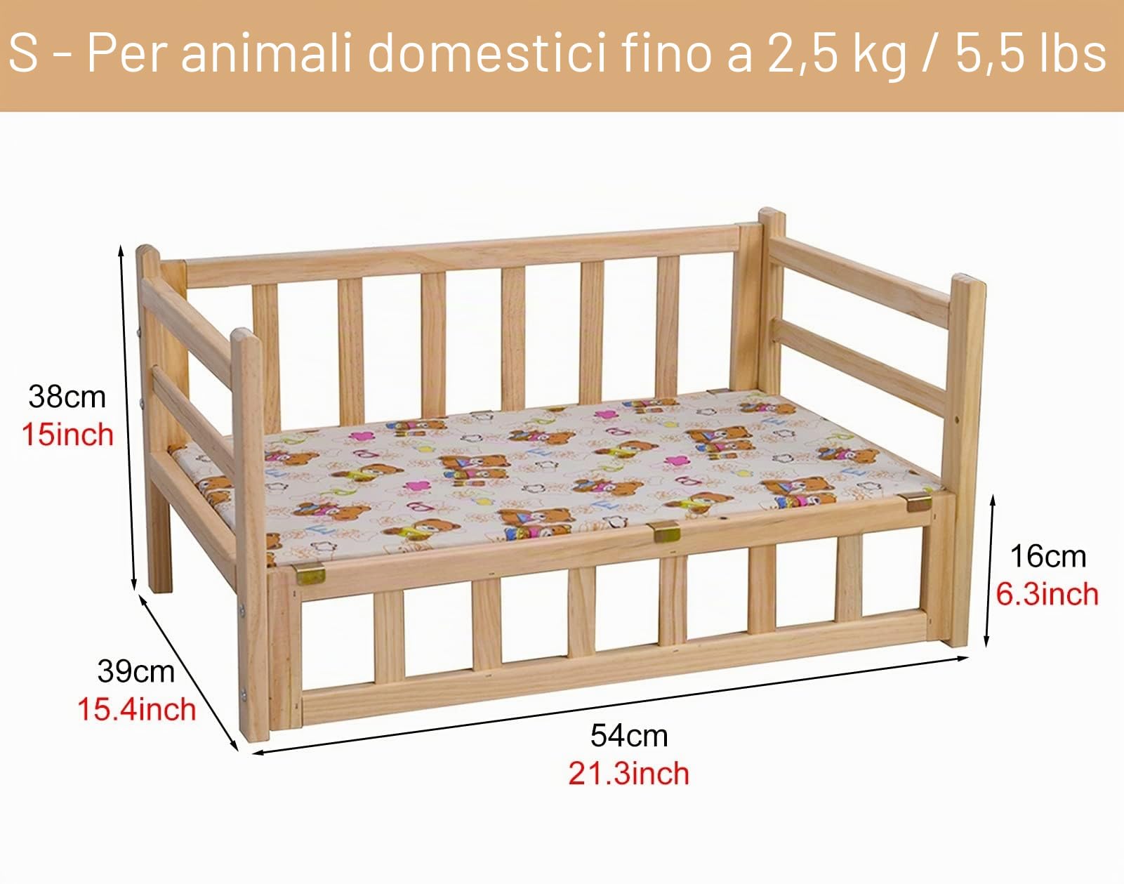 Letto per Cani Cucce Rialzate per Cani con Struttura In Legno E Cuscino di Supporto, Cucce Rialzate per Animali Domestici con Sponde, Culle Rialzate Lavabili per Cani S M L XL(S-54x39x38cm/21x15x15")