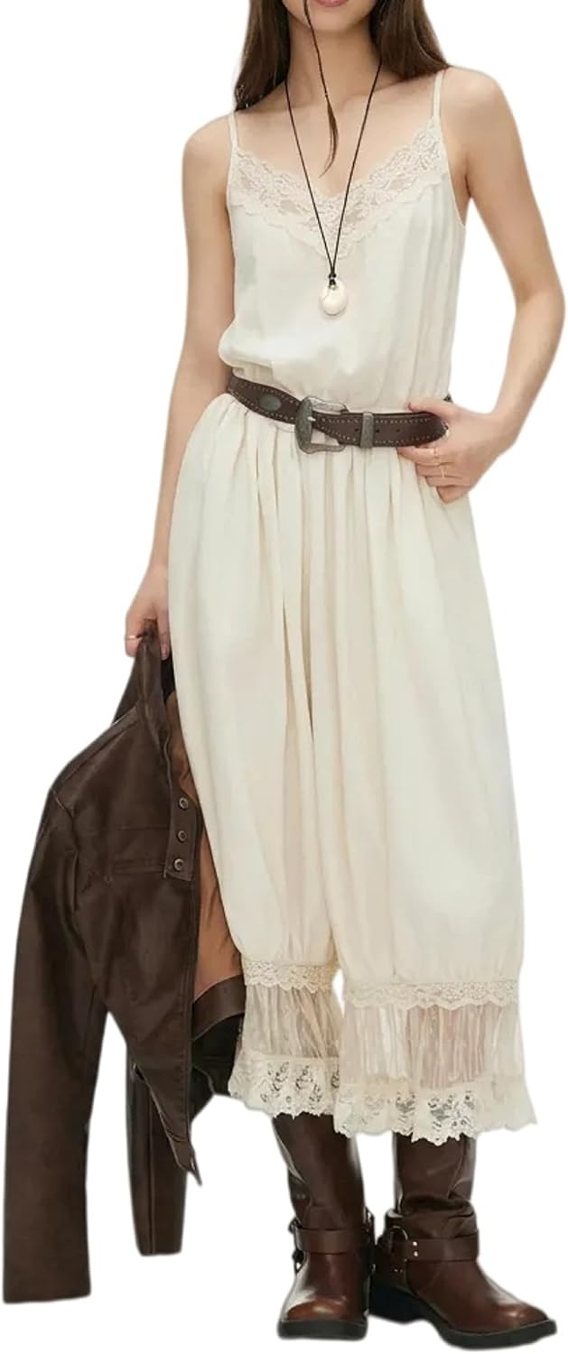 UAURORAO Women Boho Bloomer Jumpsuit Wide Leg Cropped Pants Romper Coquette Lace Trim One Piece Summer Outfits