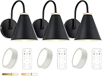 Vista 6 de Aplique de pared industrial de madera sintética negra, funciona con pilas, fácil de instalar, sin cables, bombilla LED regulable con control remoto