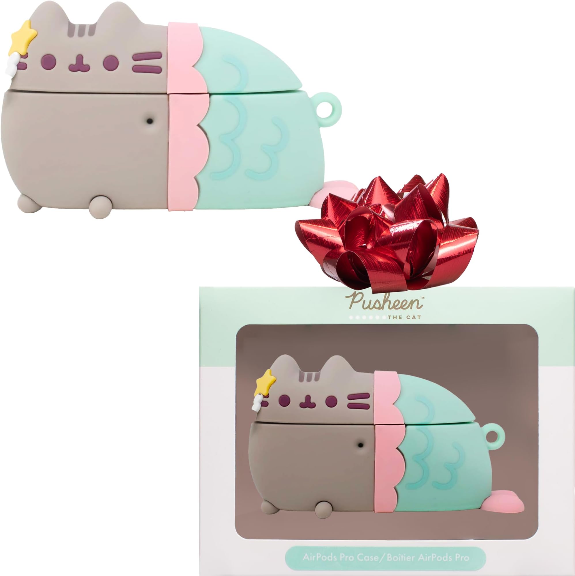 x Pusheen The Cat [ Compatible with AirPods Pro 1 & Pro 2, Not for Pro 3 ] Cute Character Case - Silicone Protective Cover [Carabiner Clip Included] [Wireless Charging Compatible] - Mermaid