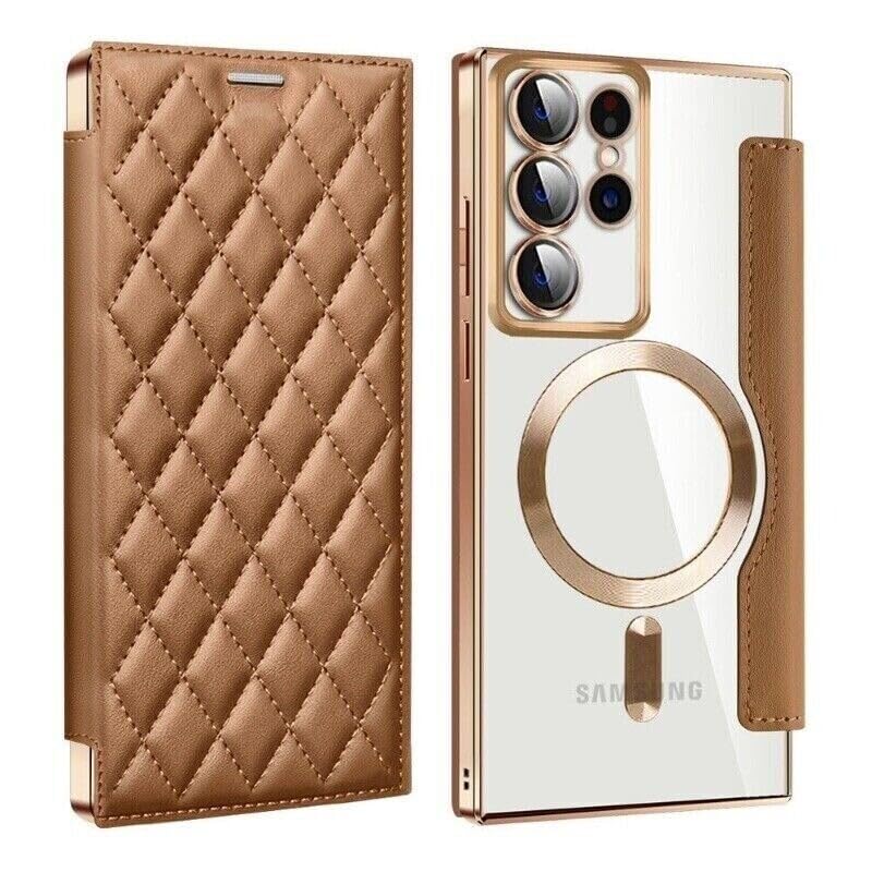 Étui Samsung S24 FE en cuir marron avec clapet magnétique élégant