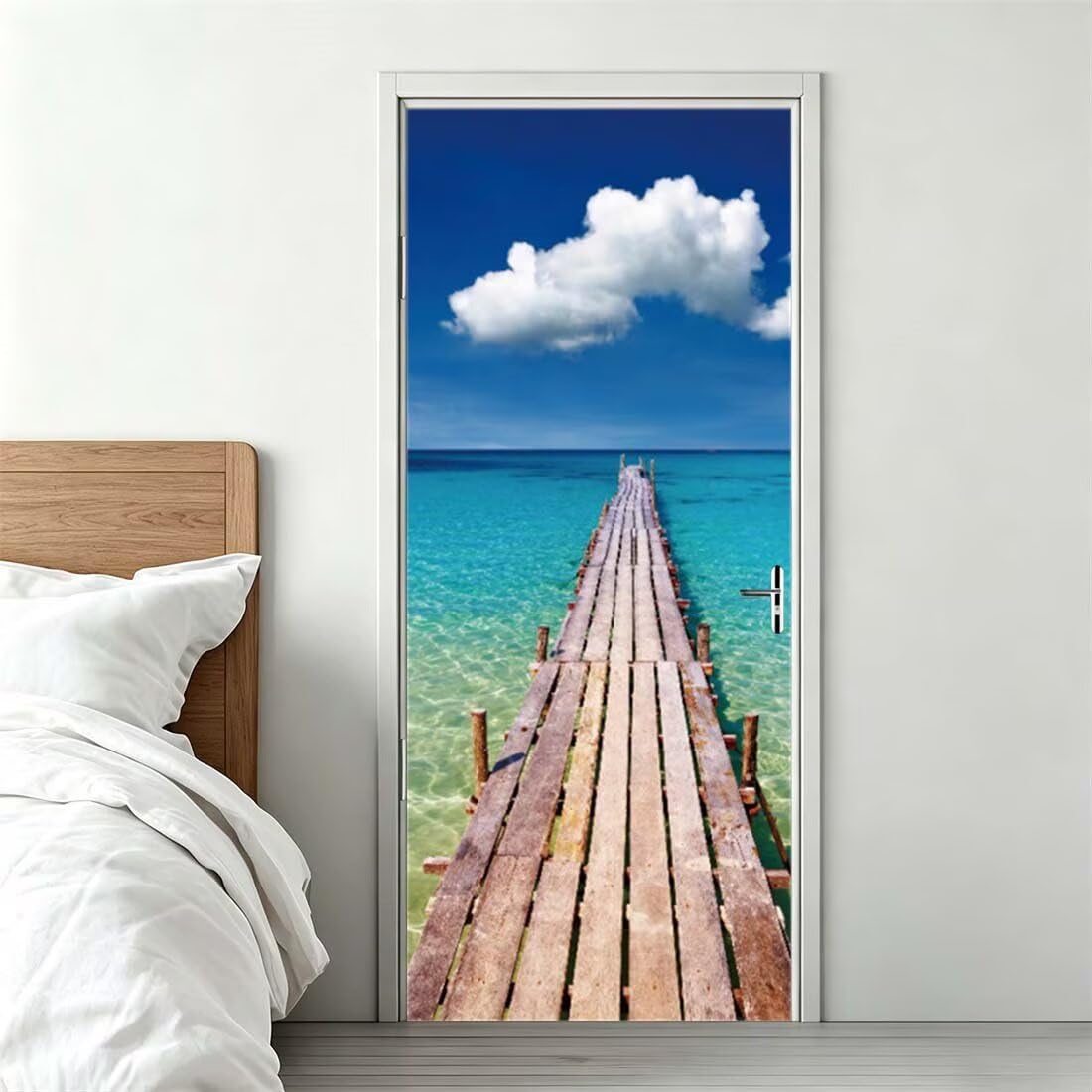 Adesivi per Porte Interne 95x215 3D Adesivo Porta Paesaggio Marino | Molo in Legno Pellicola per Porte, Autoadesiva, Adesiva Poster Sticker Murale, PVC, Impermeabile, Rimovibile (DS51)