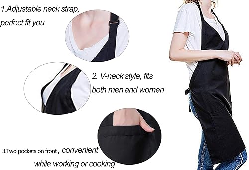 Miniatura 2 de Delantal de cocina unisex negro con cuello en V, correas ajustables para el cuello, duradero, para barbacoa, cocina, delantales con bolsillos