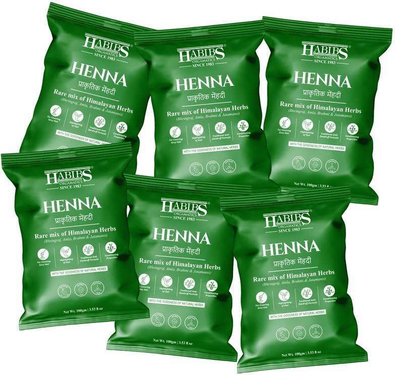 Habibs Natural Henna Mehndi Powder Enriched With Bhringraj, Amla, Brahmi,Jatamansi For Natural Hair Coloring 100Gm Pack Of 6