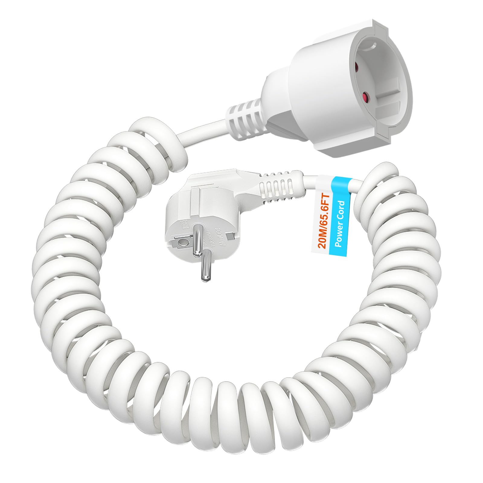 Cavo di prolunga da 20 m, contatto di protezione Schuko, cavo a spirale, estensibile fino a 20 m, IP20 (230 V/16 A), cavo a spirale 3 x 1,0 mm² con spina Schuko e giunto, bianco