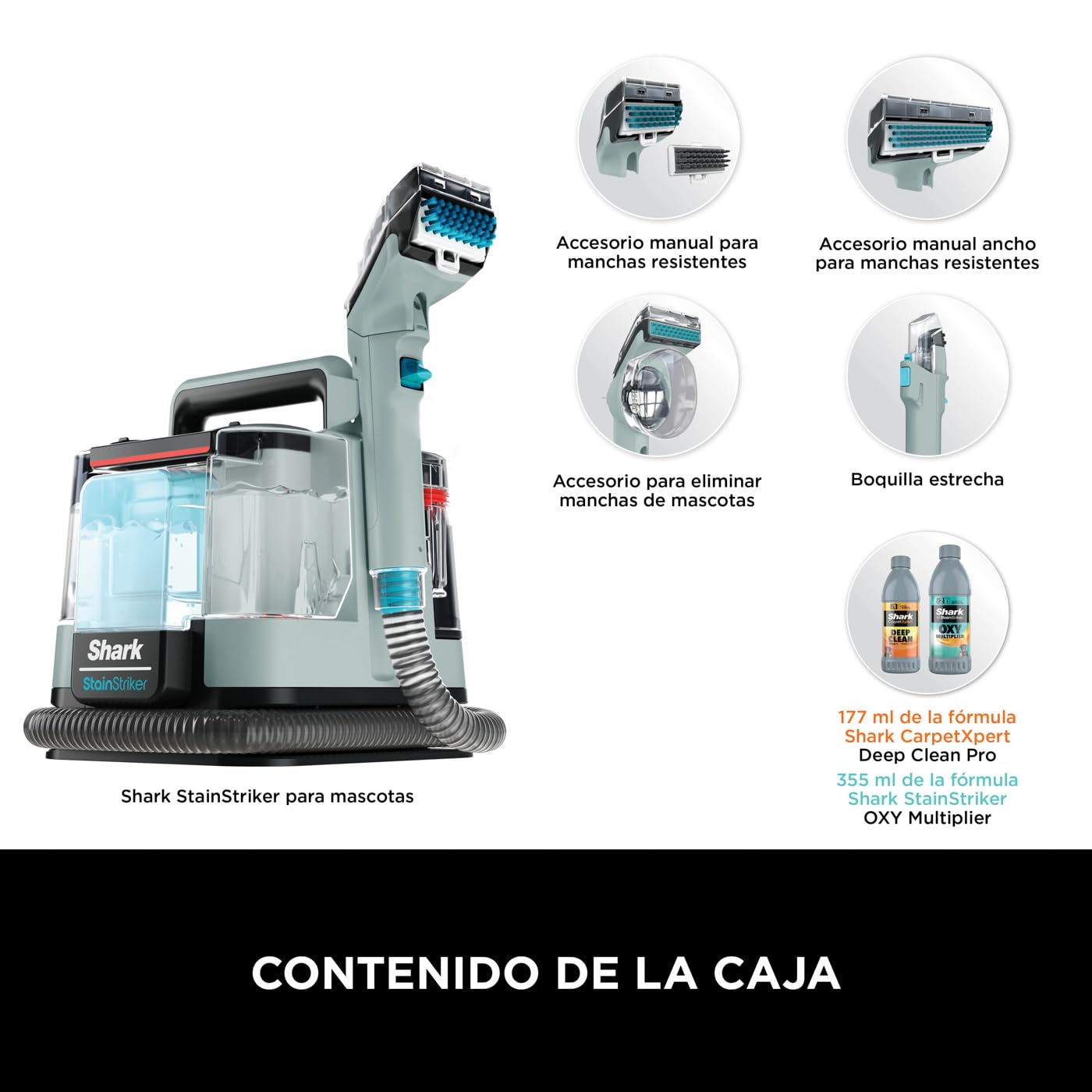 Shark StainStriker, Limpiador de Manchas con 5 Accesorios, 450W, PX200EUCP | Minicepillo para Pelo de Mascotas, Boquilla Estrecha, Tubo de Limpieza, 2 Soluciones de Limpieza Incluidas, Ligero, Gris