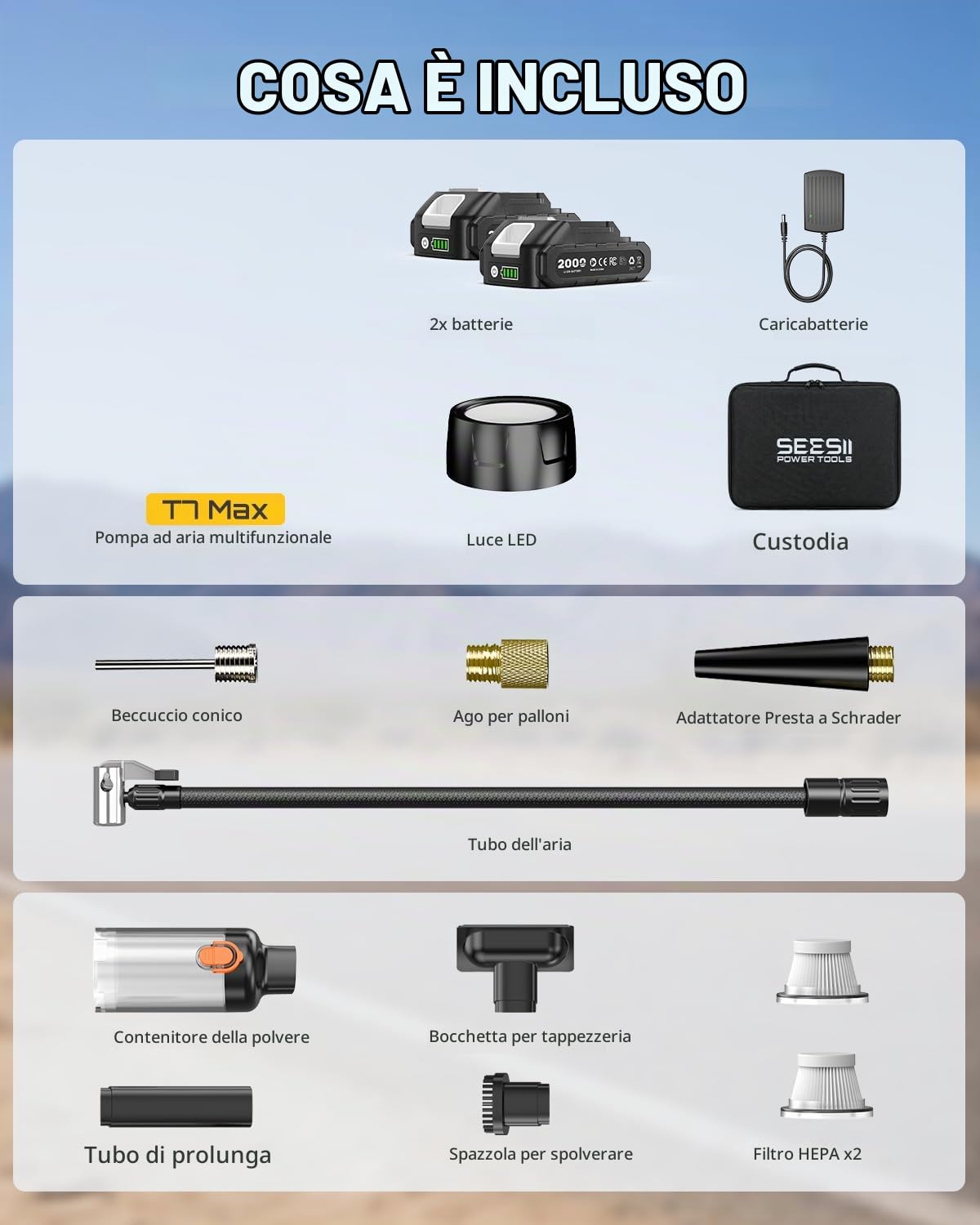 SEESII Compressore pneumatici doppia batteria 150 PSI LED
