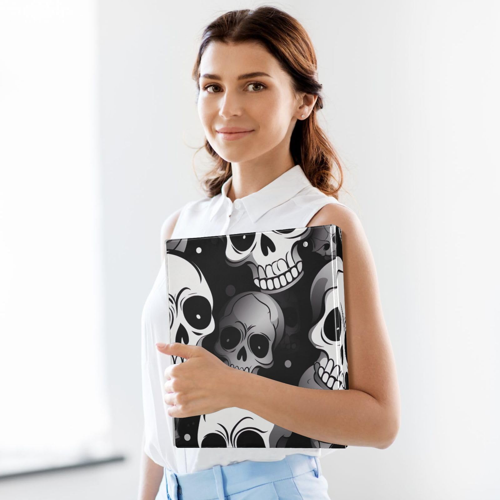 Raccoglitore a 3 anelli con teschio bianco e nero, flessibile con tasche, 3 raccoglitori ad anelli per scuola, università, ufficio