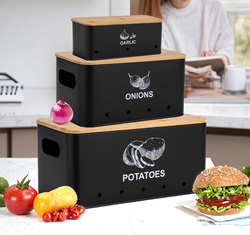 Metal Onion Garlic Potato Storage Set, Kitchen Vegetable Storage Tins Set of 3, + 3 Stainless Steel Gadgets, Canister Sets for Kitchen Counter with Aerating Holes and Wooden Bamboo Lids-Black