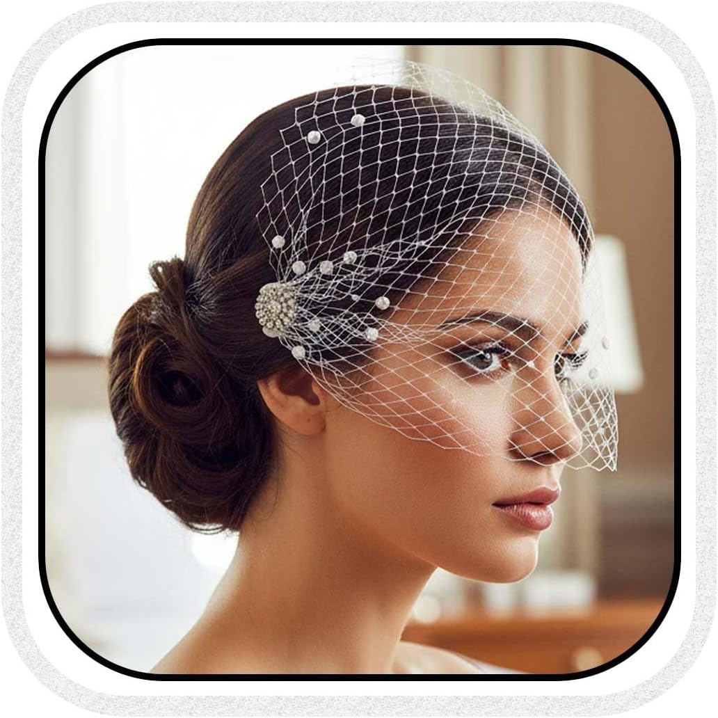 Unsutuo White Wedding Birdcage Veils with Comb Bridal Veil Pearl Bandeau Veil for Bride and Bridesmaid