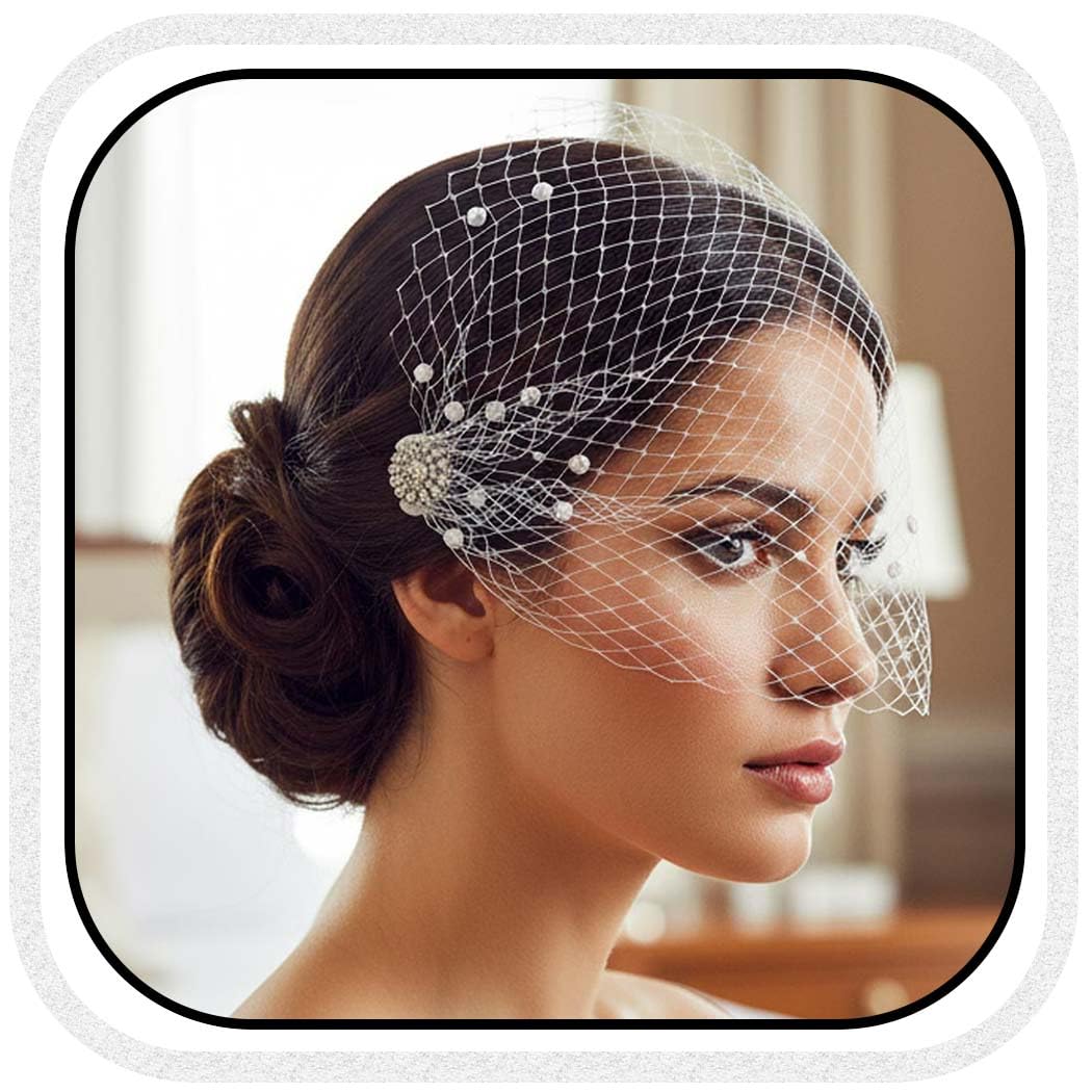 White Wedding Birdcage Veils with Comb Bridal Veil Pearl Bandeau Veil for Bride and Bridesmaid