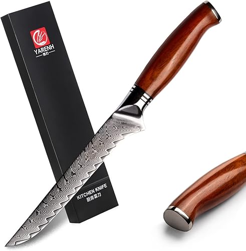 Miniatura 8 de YARENH Cuchillo de chef profesional, 7 pulgadas, 73 capas de acero inoxidable de damasco, mango de sándalo natural de espiga completa, con caja