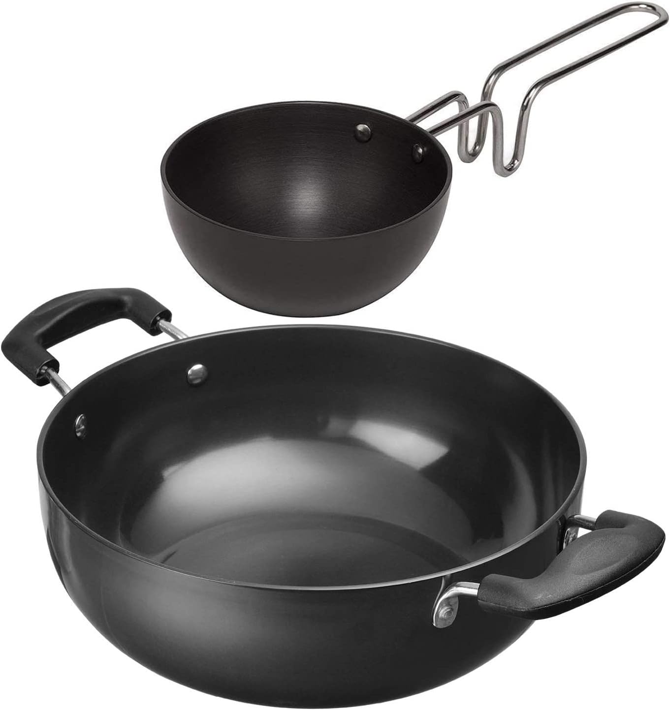 Satre Online and Marketing Hindalco Non Stick Aluminium Kadai Size No 13 with Tadka Pan Size No- 6,Set of 2 - Black