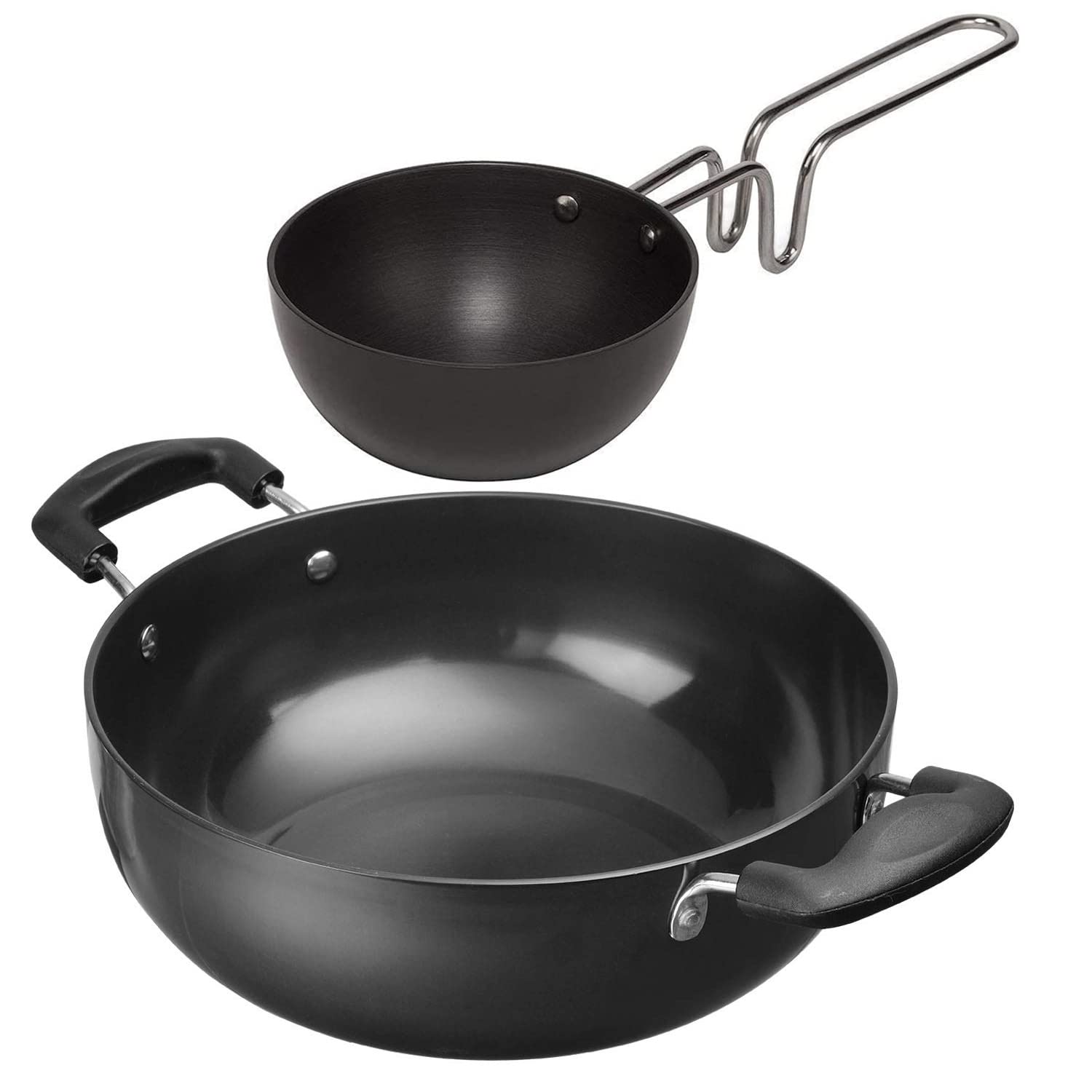 Satre Online and MarketingHindalco Non Stick Aluminium Kadai Size No 13 with Tadka Pan Size No- 6,Set of 2 - Black