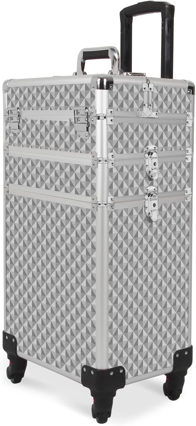 3 In 1 Professional Rolling smetic Case, smetic Trolley Beauty Storage, Large Storage Makeup Train Casewith Keys Swivel Wheels for Artist Travel, Silver (0079)