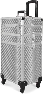 3 In 1 Professional Rolling smetic Case, smetic Trolley Beauty Storage, Large Storage Makeup Train Casewith Keys Swivel Wheels for Artist Travel, Silver 0079