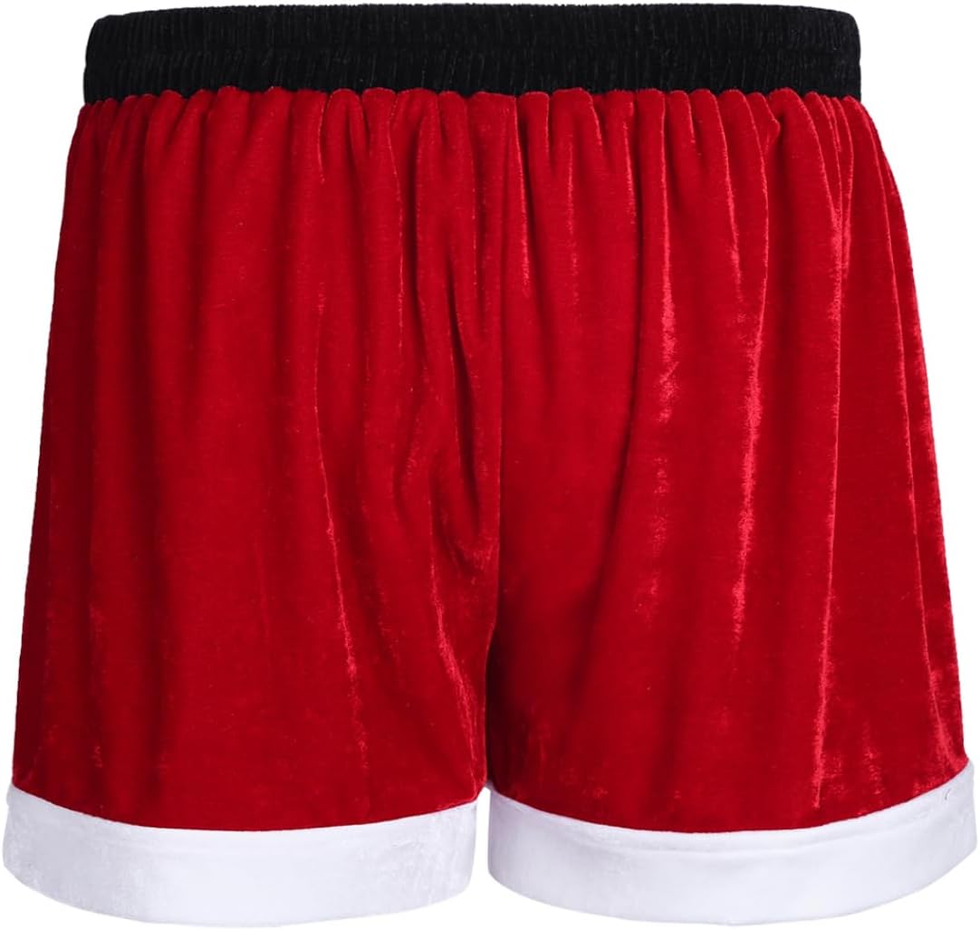 Men's Velvet Red Christmas Shorts Holiday Santa Claus Boxer Shorts Xmas Cosplay Pajamas Bottoms Lingerie Underwear