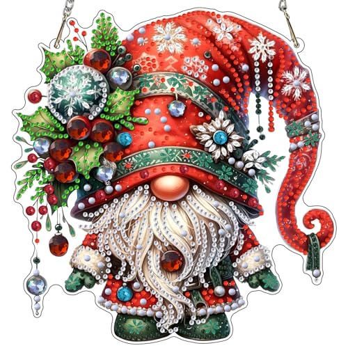 RICUVED Kit DIY Diamond Painting Plaque Gnome De Noël Adulte | Diamond Painting Gnome De Noël Avec Fleurs En Plaque À Suspendre Pour Personnaliser Entrée Chambre Salon Ou Atelier