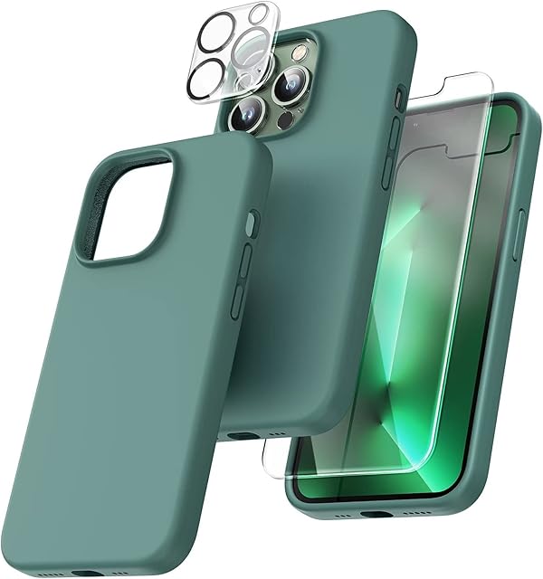 TOCOL [5 in 1 for iPhone 13 Pro Max Case, with 2 Pack Screen Protector + 2 Pack Camera Lens Protector, Slim Liquid Silicone Phone Case 6.7 Inch, [Anti-Scratch] [Drop Protection],Midnight Green