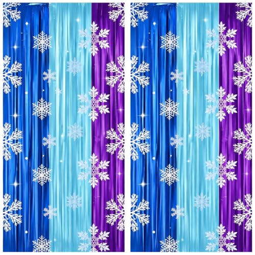 Avikosi 2 Pack Snowflake Foil Fringe Curtains, 3.3×6.6 ft Winter Metallic Hanging Streamers for Christmas Decorations, Winter Birthday Party, Princess Theme Backdrop and Photo Booth
