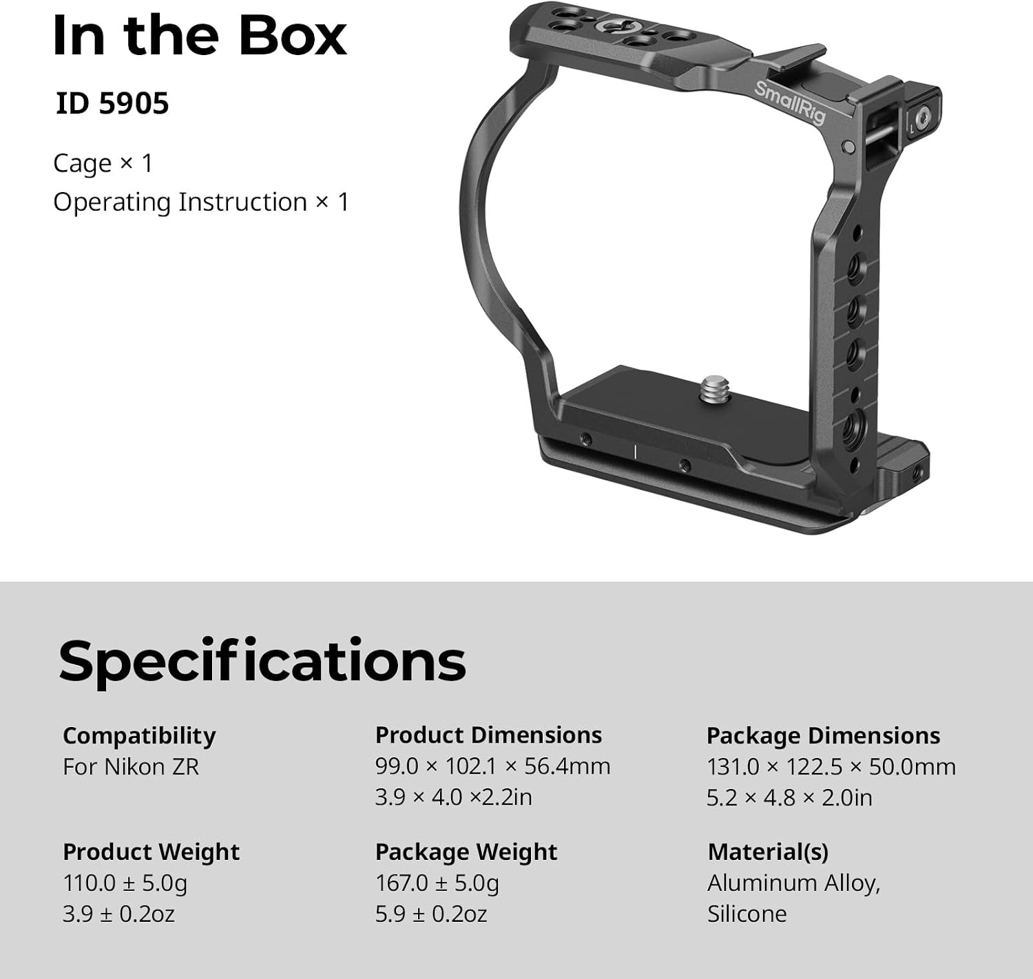 SMALLRIG Half Cage for Nikon ZR, Built-in HawkLock Quick-Release NATO Rail, 1/4"-20 Threaded Holes, QR Plate for Arca, for DJI RS 4 / RS 4 Pro/RS 3 Pro Gimbals, for Arca-Type Tripods - 5905