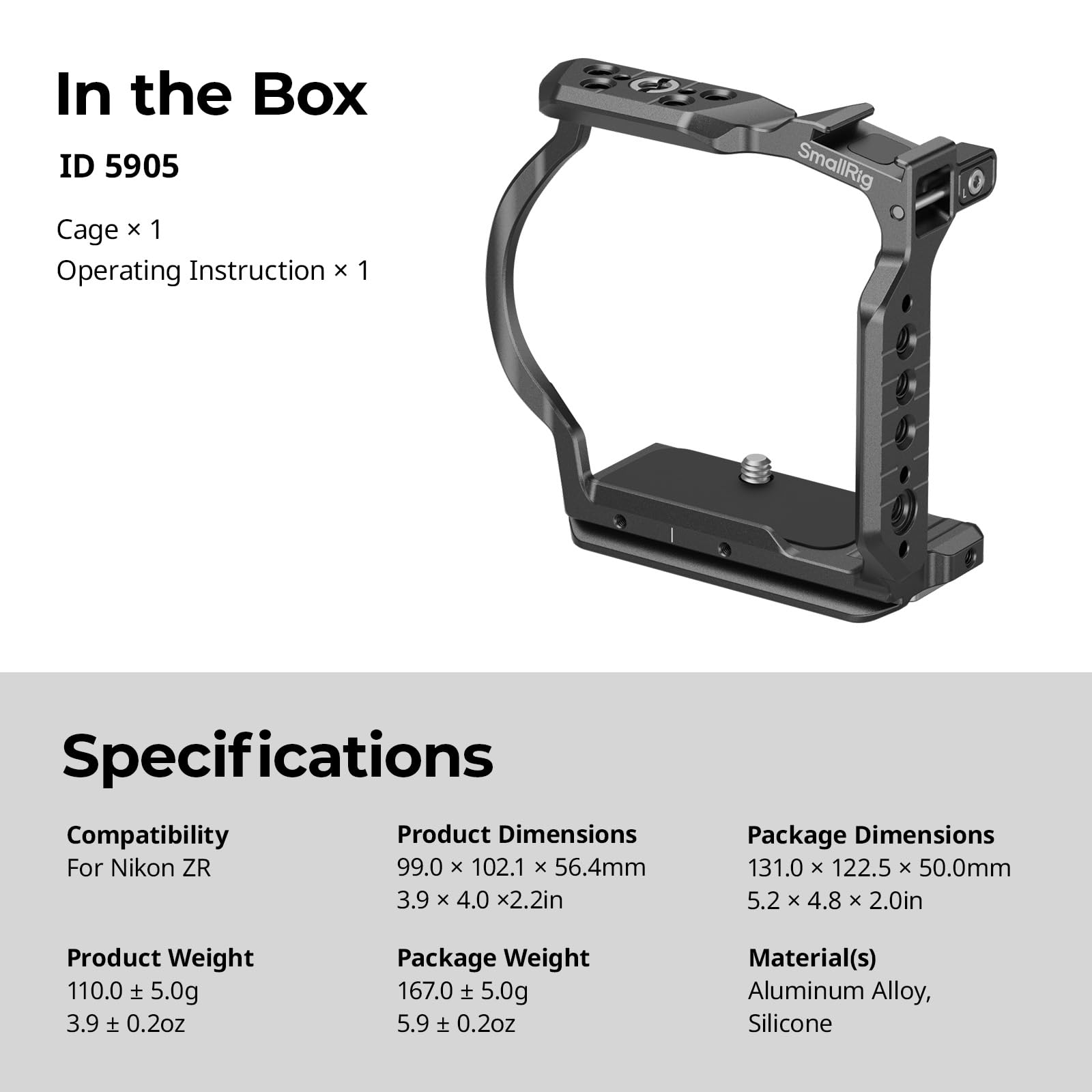 SMALLRIG Halbkäfig für Nikon ZR, HawkLock NATO-Schnellwechselschiene, 1/4"-20 Gewindebohrungen, QR-Platte für Arca, für DJI RS 4 / RS 4 Pro/RS 3 Pro Gimbals, für Arca-Swiss-kompatible Stative - 5905