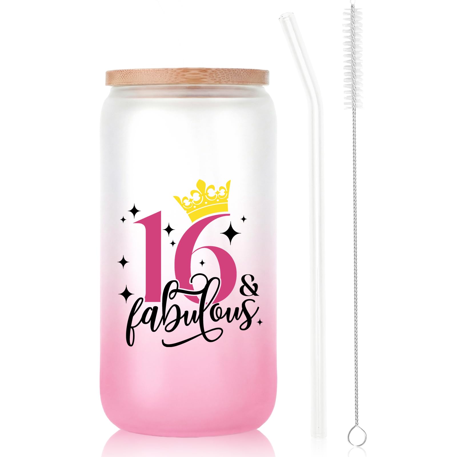 Bliceon 16th Birthday Gifts for Girls, 16th Birthday Iced Coffee Cup, 16oz Frosted Glass Cups with Lids and Straws for Daughter, Sister, Best Friend, Granddaughter, 16 Year Old Girl