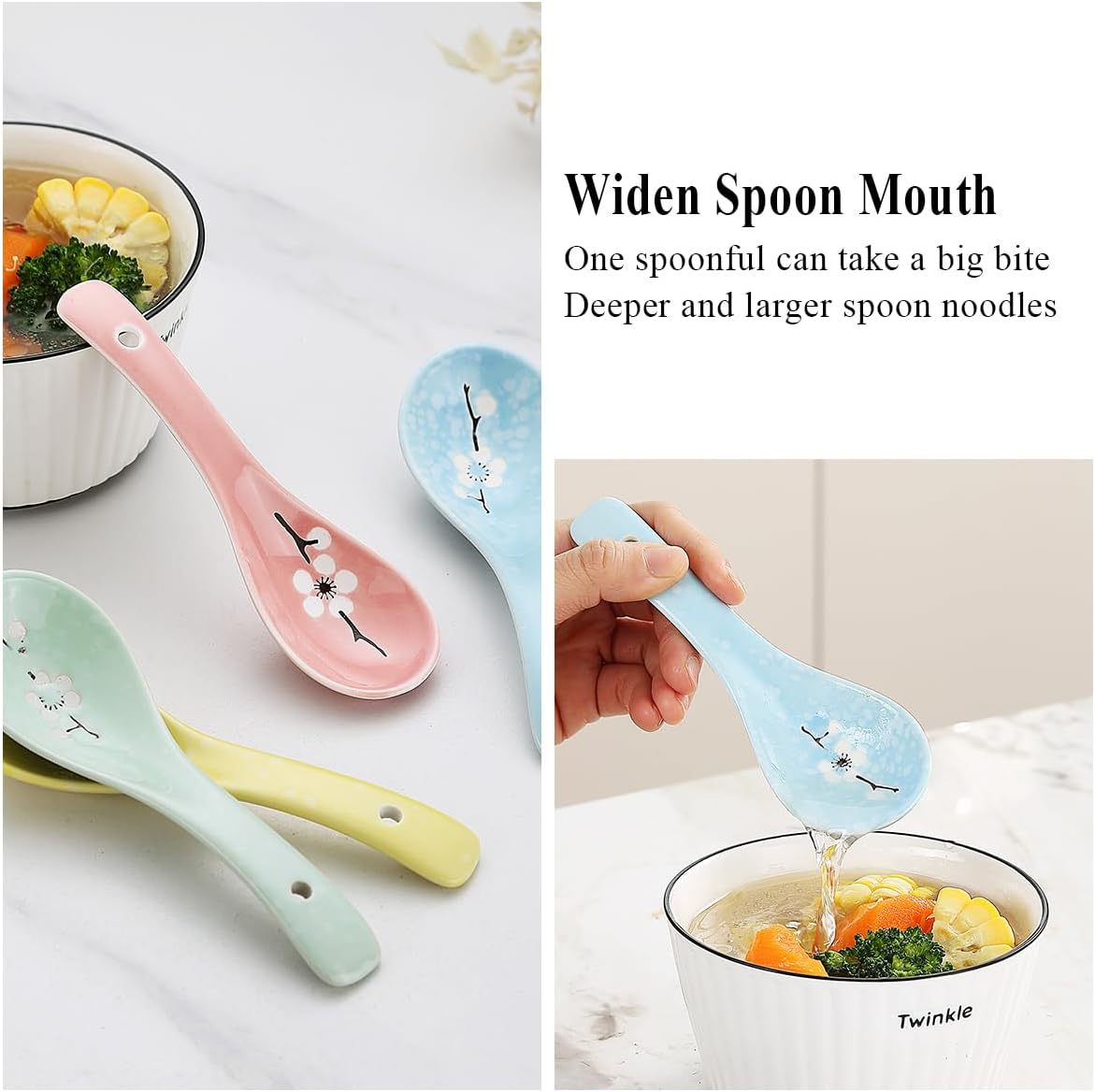 Chinese Soup Spoons,Ramen Spoon,Ceramic Soup Spoons 12 Pieces, Asian Chinese Japanese Korea Porcelain Soup Spoon for Soup, Dumpling, Wonton, Cereal