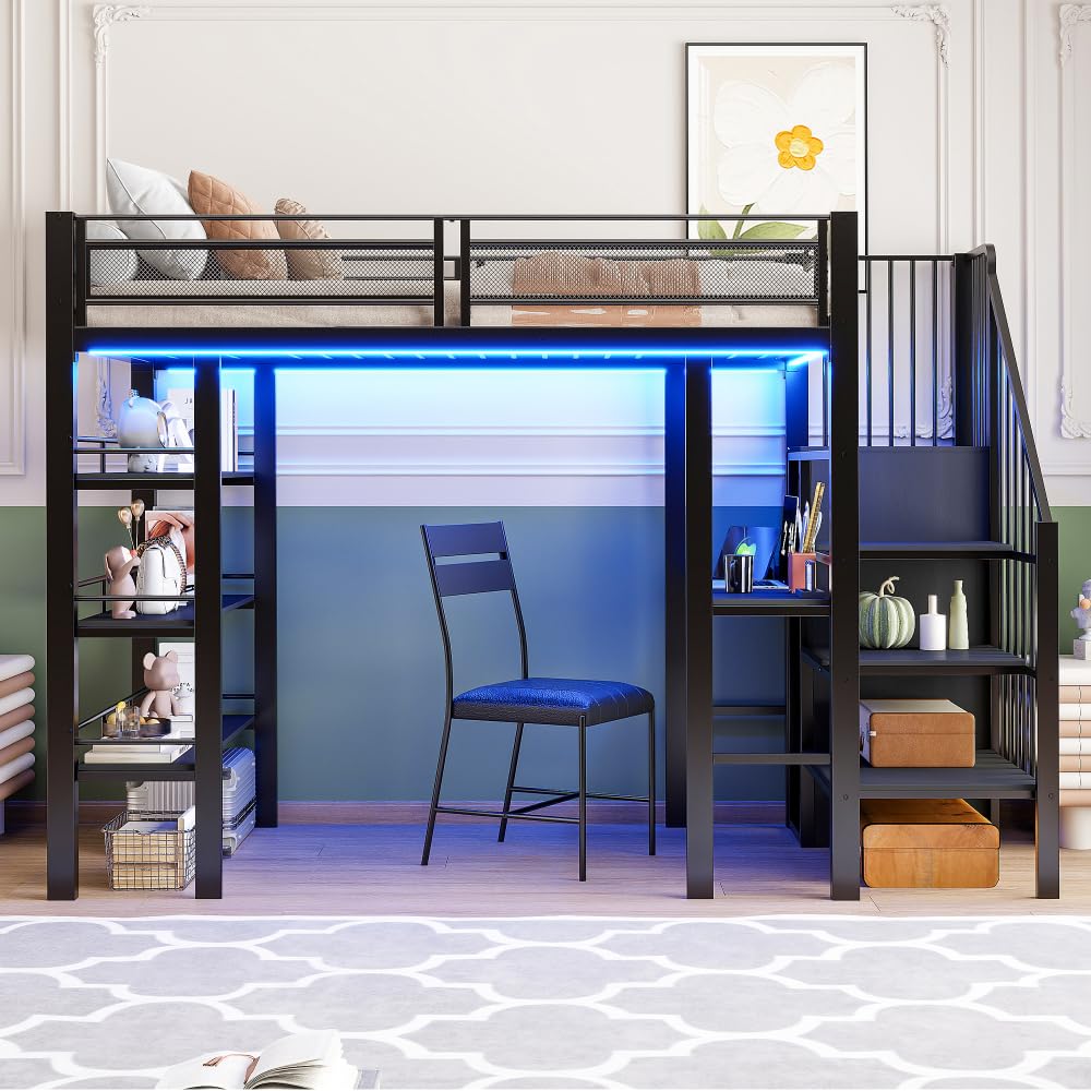 Cama alta de 90 x 200 cm con tira luminosa LED y toma de corriente, cama de hierro forjado con compartimento de almacenamiento y librería, cama individual de metal multifuncional, sin colchón