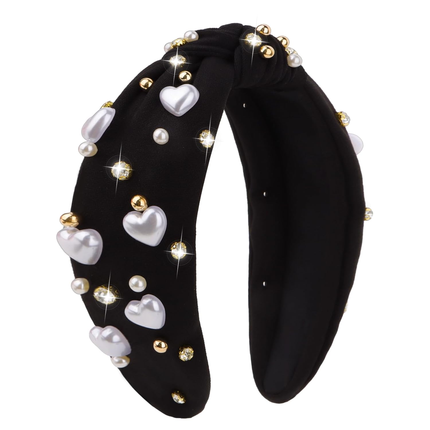Jaciya Valentines Headband Black Knotted Headbands for Women Girls Heart Head Band Pearl Hair Accessories Valentine's Day Decorations