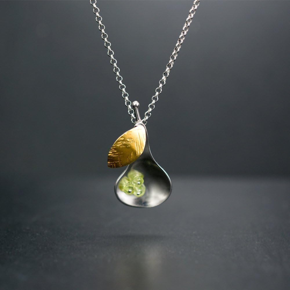 925 Sterling Silver Pear Pendant for Women - Nature-inspired Design with Gold-plated Leaf and Green Peridot Stones, a Contemporary Statement Piece, Handmade by Emmanuela