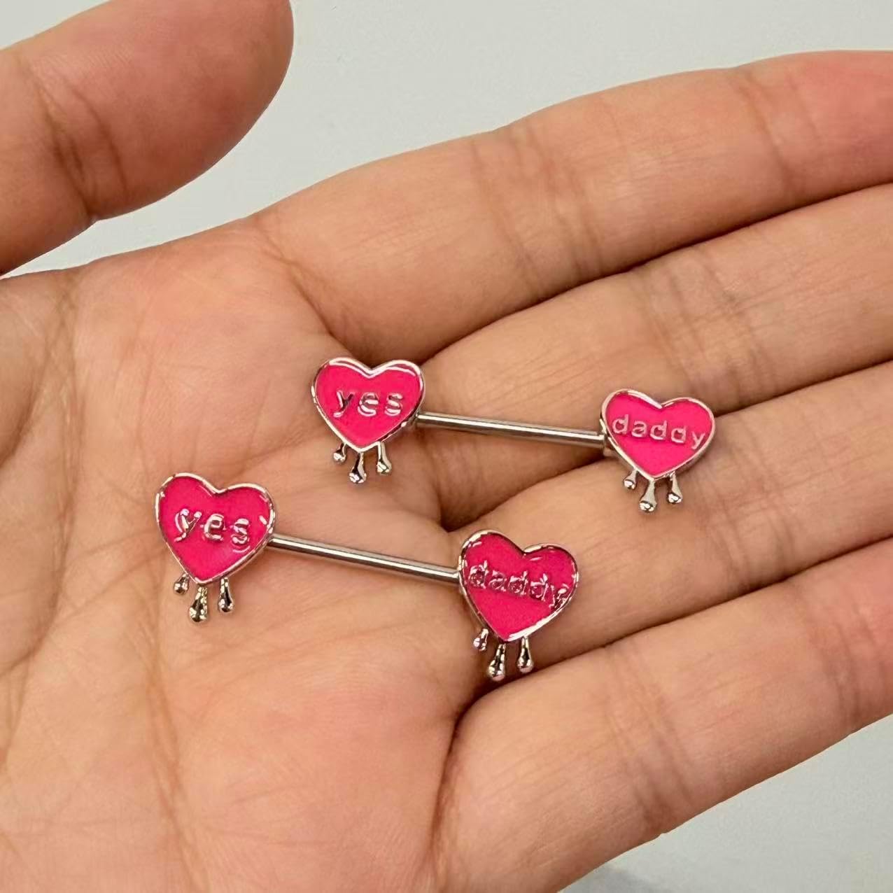 Kokoma 14G Pink Enamel Heart Nipple Rings for Women, Love Heart Nipple Barbell Yes Daddy Naughty Words Letter Nipplerings Bar Piercing Body Jewelry