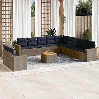 Owoxanthellate 12 Piece Modular Patio Conversation Set with Acacia Table, Navy Cushions, Gray PE Rattan, UV Proof Outdoor Sectional for Garden Balcony Yard 25.8"x24.4"x27.2"