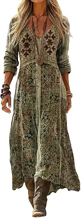Women's Fall Boho V-Neck Long Sleeve Flowy Floral Maxi Dress
