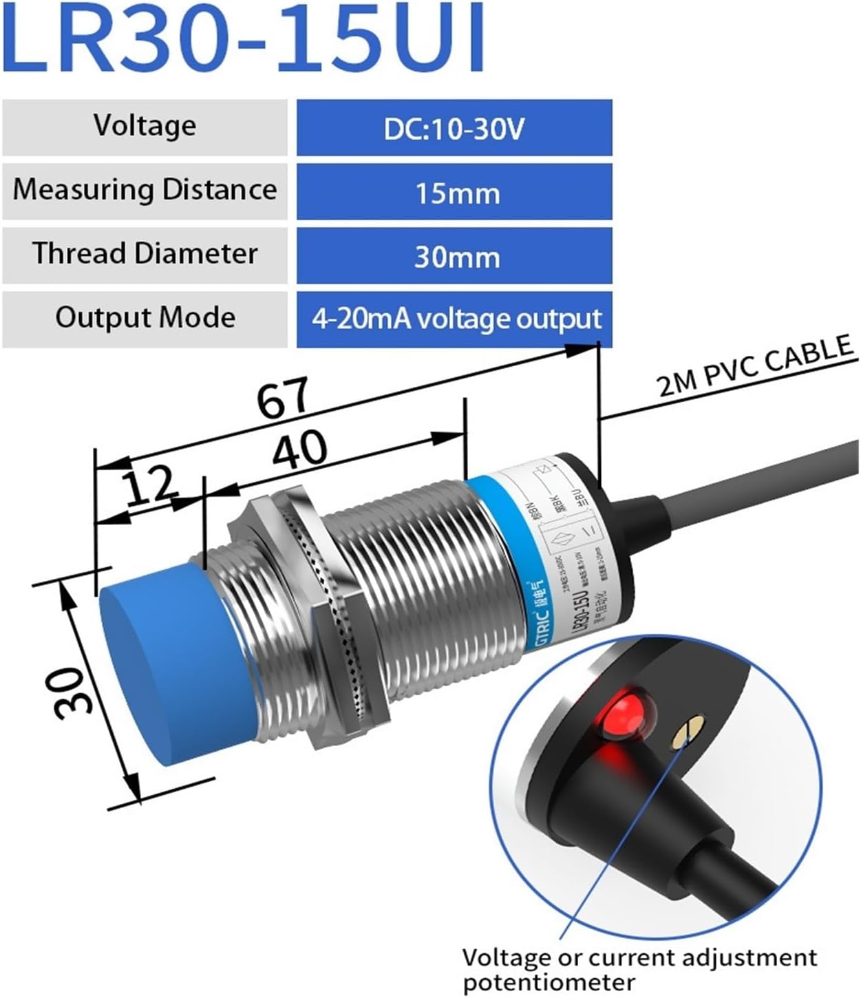 Датчик шума. Аналоговый датчик приближения с линейным перемещением. M12, M18, M30. Напряжение 0–10 В или токовый выход 4–20 мА. Индуктивный переключатель | M30, 15 мм, двойной выход