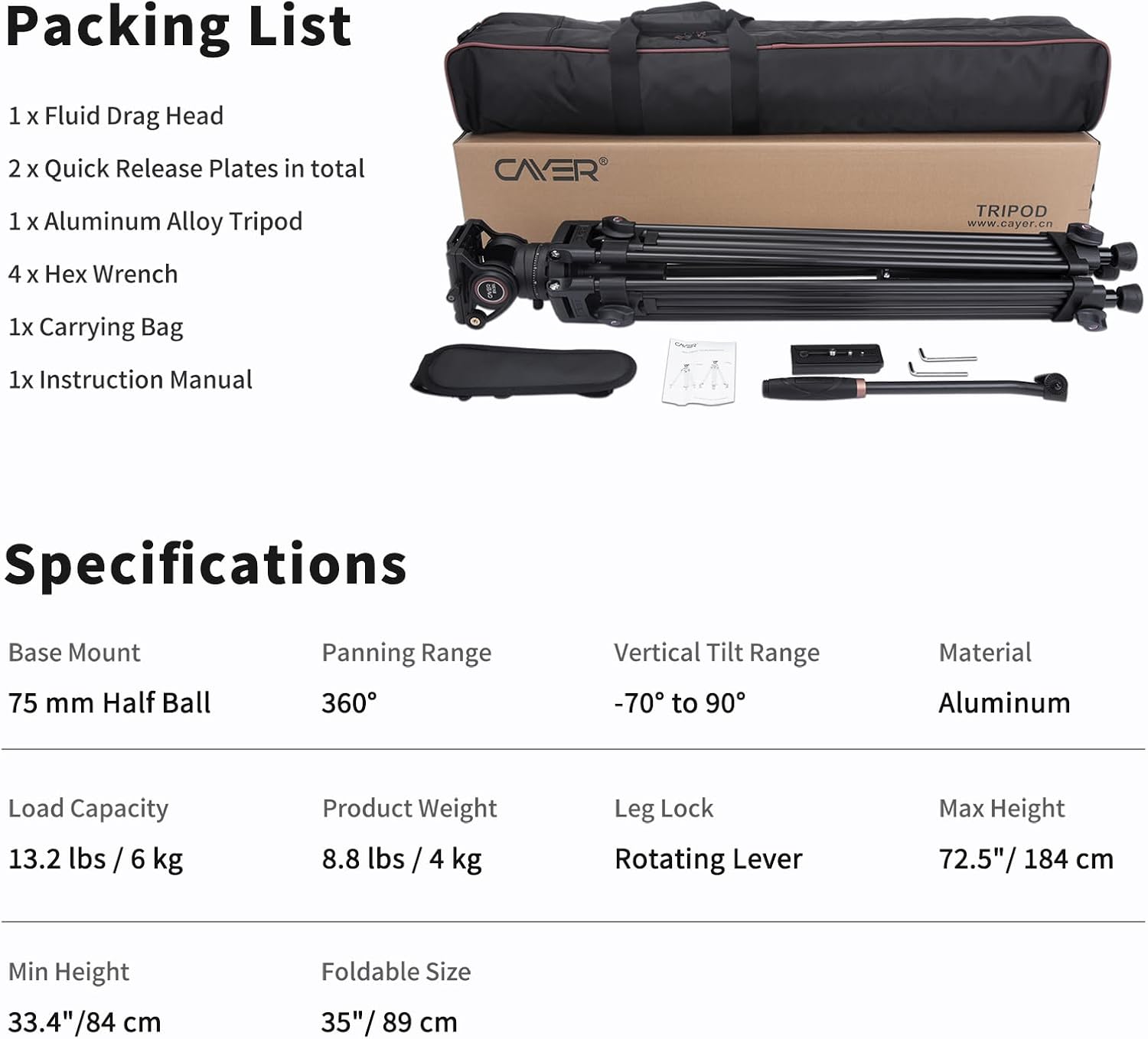 Video Tripod System, Cayer BV30L 72 inch- Professional Heavy Duty Aluminum Twin Tube Tripod, K3 Fluid Head, Mid-Level Spreader, Max Loading 13.2 LB, DSLR Camcorder, Plus 1 Bonus Quick Release Plate