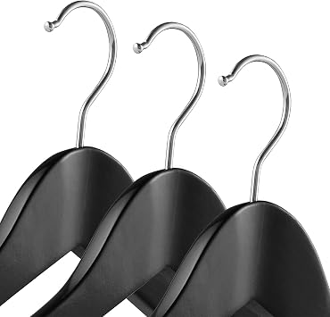 Casafield - 6 Black Wide Shoulder Wooden Suit Hangers - Premium Lotus Wood, Non-Slip Pant Bar & Chrome Swivel Hook for Dress Clothes, Coats, Jackets, Pants, Shirts, Skirts