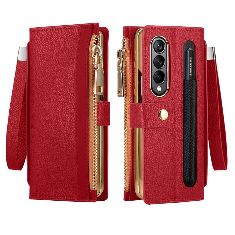 Étui pour Samsung Galaxy Z Fold 7 en cuir rouge avec fermeture éclair portefeuille