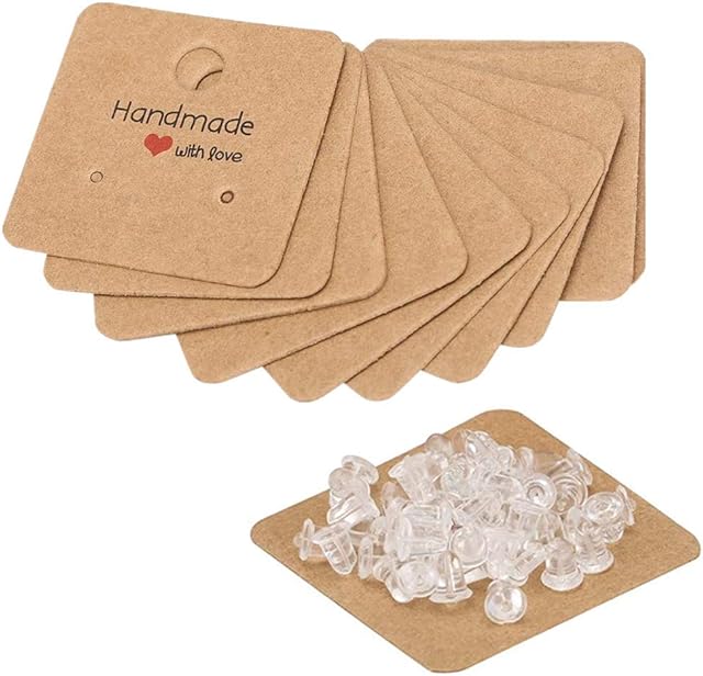 NA 50PC Earring Cards Earring Display Cards Jewellery Earring Display Cards Earrings Handmade with Love Print 1.57 x 1.57 inch Brown, 50 Pair Earring Backs