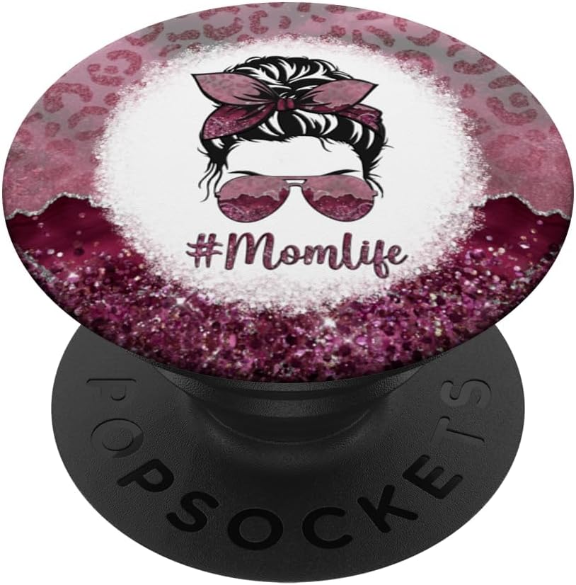 Leopard Mom Life Messy Bun Women Momlife Burgundy Blush PopSockets Adhesive PopGrip