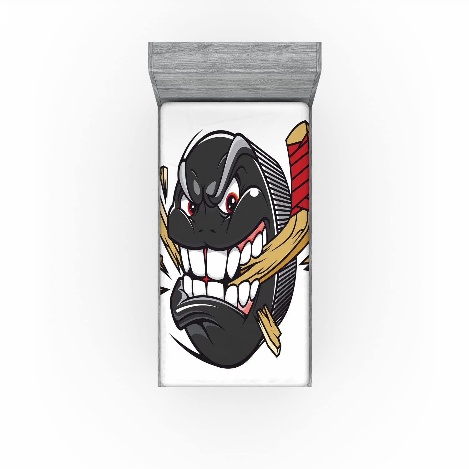 Ambesonne Hockey 2 Pack Fitted Sheet, Cartoon Puck Bites Stick, Bed Cover All-Round Elastic Deep Pockets 2 Pieces, Package Contains 2 Twin Size Fitted Sheets, Black Beige