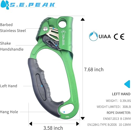 Miniatura 59 de Ascensor de mano CE, equipo de engranaje de rapel de 308.6 lbs con mango de goma ergonómico para arbolista de árboles de escalada en roca, negro